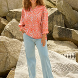 Printet bluse med V-hals - Orange