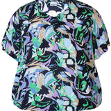 Crep bluse med elastik i taljen - Marine/grøn