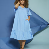 Hør kjole med kort ærme "ZH-Suvi" - Blå